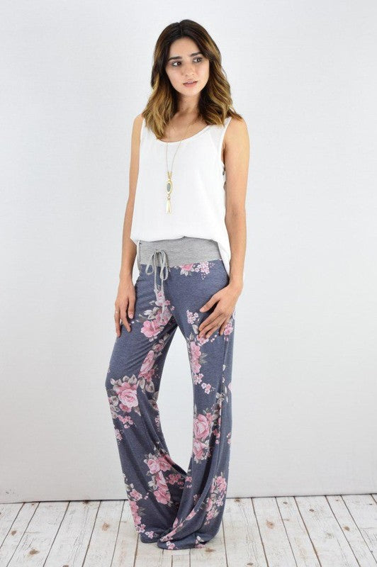 Drawstring Floral Wide Leg Pants