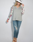 e Luna Striped Floral Mixed Key Hole Tunic Top