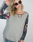 e Luna Striped Floral Mixed Key Hole Tunic Top