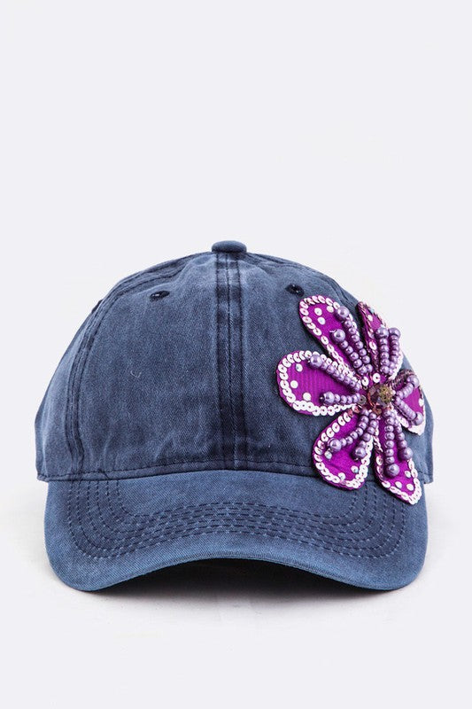 Bead &amp; Sequins Flower Accent Cotton Cap