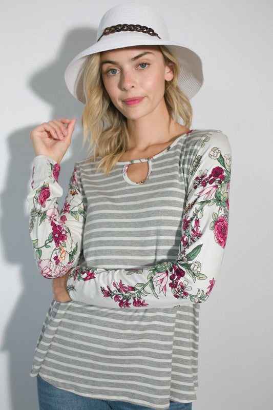 e Luna Striped Floral Mixed Key Hole Tunic Top