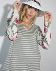 e Luna Striped Floral Mixed Key Hole Tunic Top