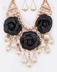 Black Flower Mix Pearls Statement Necklace Set