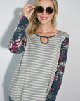 e Luna Striped Floral Mixed Key Hole Tunic Top