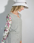 e Luna Striped Floral Mixed Key Hole Tunic Top