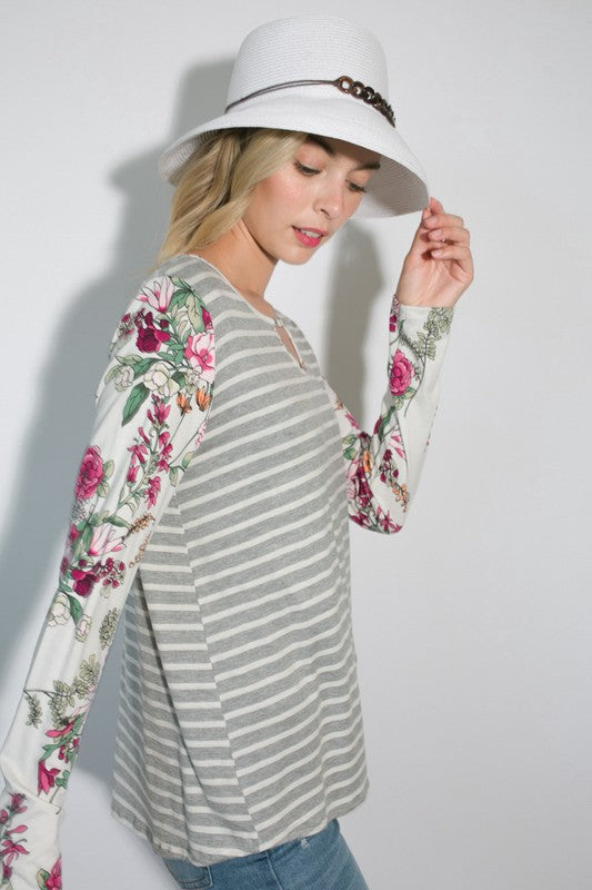 e Luna Striped Floral Mixed Key Hole Tunic Top