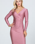 La Scala Long Sleeve Shiny Tricot Overlap Midi Dress