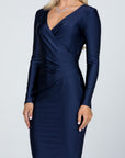 La Scala Long Sleeve Shiny Tricot Overlap Midi Dress