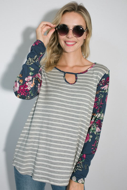 e Luna Striped Floral Mixed Key Hole Tunic Top