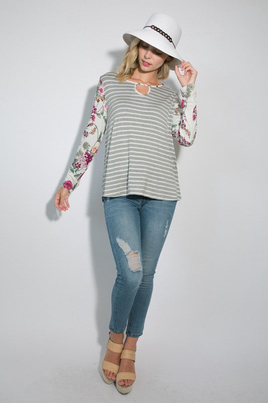 e Luna Striped Floral Mixed Key Hole Tunic Top