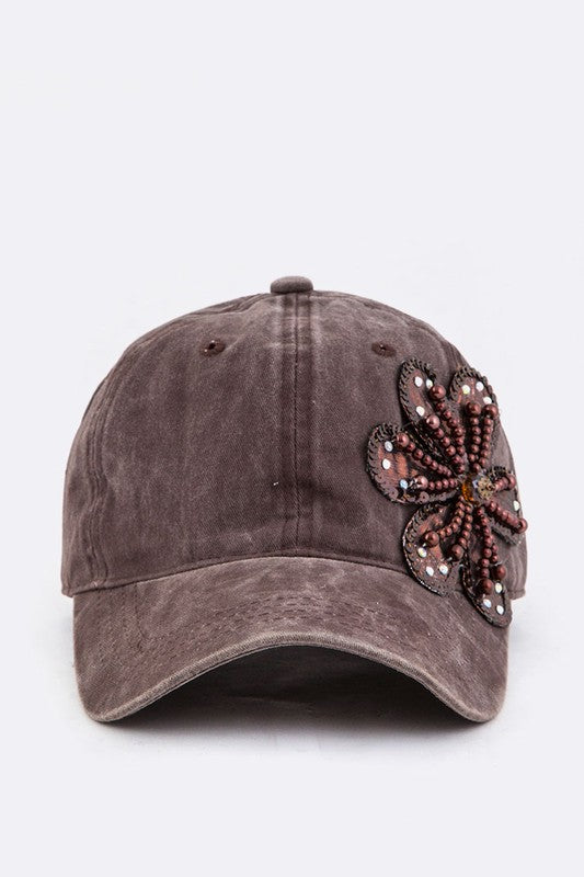 Bead &amp; Sequins Flower Accent Cotton Cap