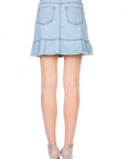 O2 Denim High Waisted A-line Ruffle Hem Denim Skirt