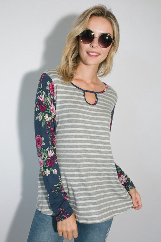 e Luna Striped Floral Mixed Key Hole Tunic Top