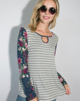 e Luna Striped Floral Mixed Key Hole Tunic Top