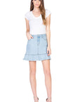 O2 Denim High Waisted A-line Ruffle Hem Denim Skirt