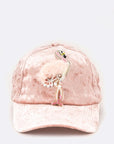 Fur & Beaded Flamingo Distressed Velour Fashion Cap