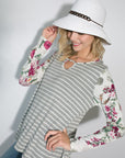 e Luna Striped Floral Mixed Key Hole Tunic Top