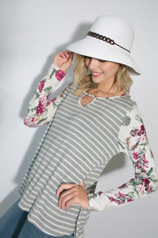 e Luna Striped Floral Mixed Key Hole Tunic Top