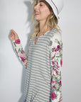 e Luna Striped Floral Mixed Key Hole Tunic Top