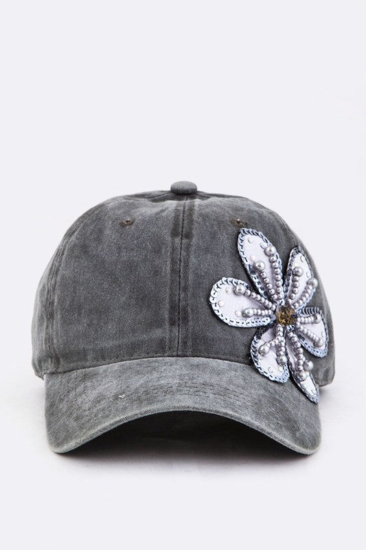 Bead &amp; Sequins Flower Accent Cotton Cap