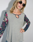 e Luna Striped Floral Mixed Key Hole Tunic Top