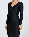 La Scala Long Sleeve Shiny Tricot Overlap Midi Dress