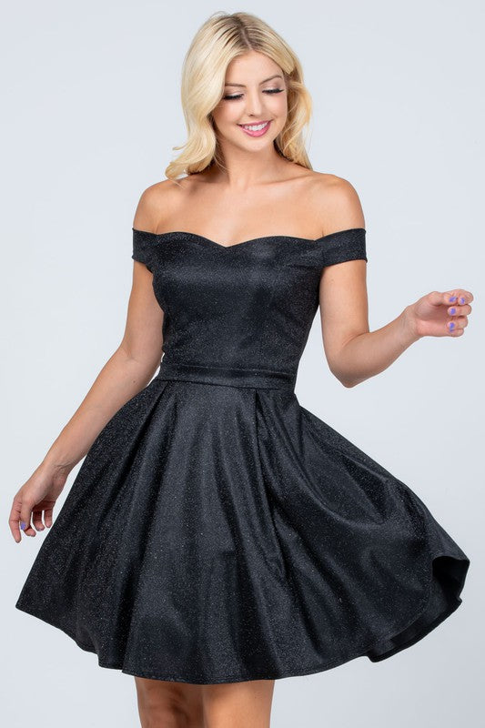 La Scala Off Shoulder Skater Dress in Jacquard Fabric