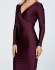 La Scala Long Sleeve Shiny Tricot Overlap Midi Dress