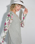 e Luna Striped Floral Mixed Key Hole Tunic Top