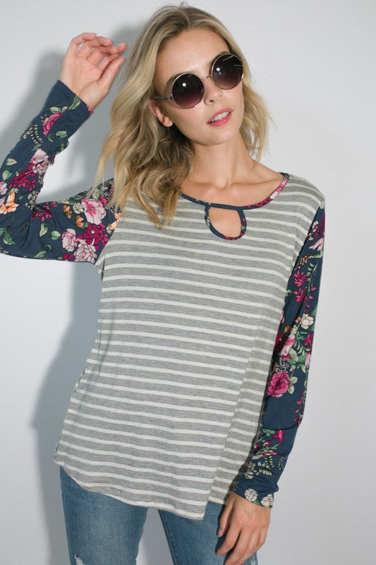 e Luna Striped Floral Mixed Key Hole Tunic Top