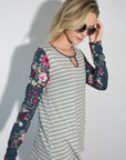 e Luna Striped Floral Mixed Key Hole Tunic Top