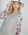 e Luna Striped Floral Mixed Key Hole Tunic Top