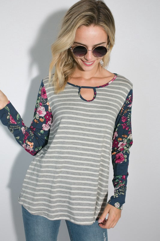 e Luna Striped Floral Mixed Key Hole Tunic Top