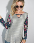 e Luna Striped Floral Mixed Key Hole Tunic Top