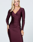 La Scala Long Sleeve Shiny Tricot Overlap Midi Dress