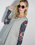 e Luna Striped Floral Mixed Key Hole Tunic Top