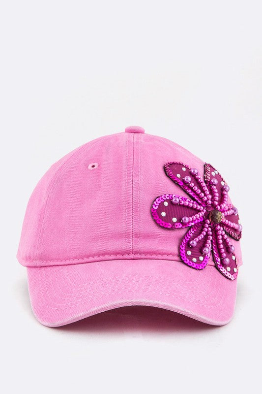 Bead &amp; Sequins Flower Accent Cotton Cap