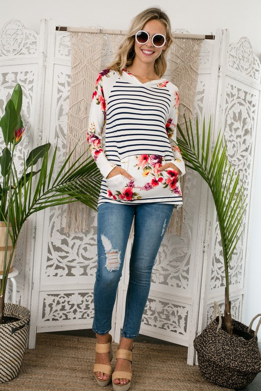 e Luna Striped Floral Mix Hoodie PLUS