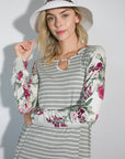 e Luna Striped Floral Mixed Key Hole Tunic Top