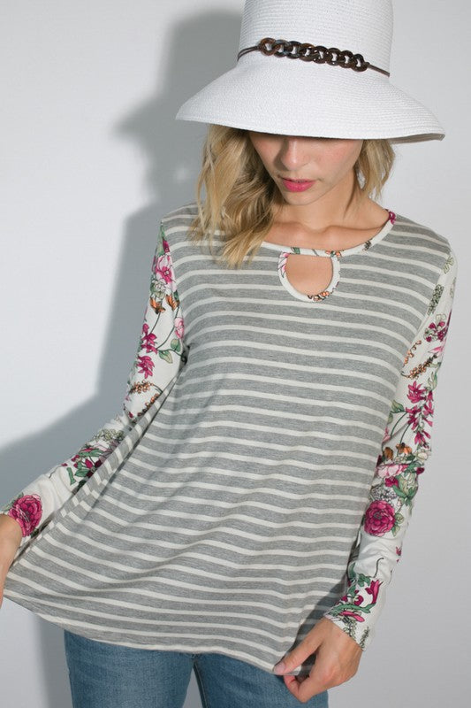 e Luna Striped Floral Mixed Key Hole Tunic Top