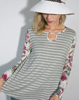 e Luna Striped Floral Mixed Key Hole Tunic Top