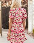 Floral Ricrac Puff Sleeve Pocketed Tiered Mini Dress