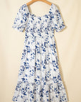Floral Smocked Puff Sleeve Tiered Midi Dress