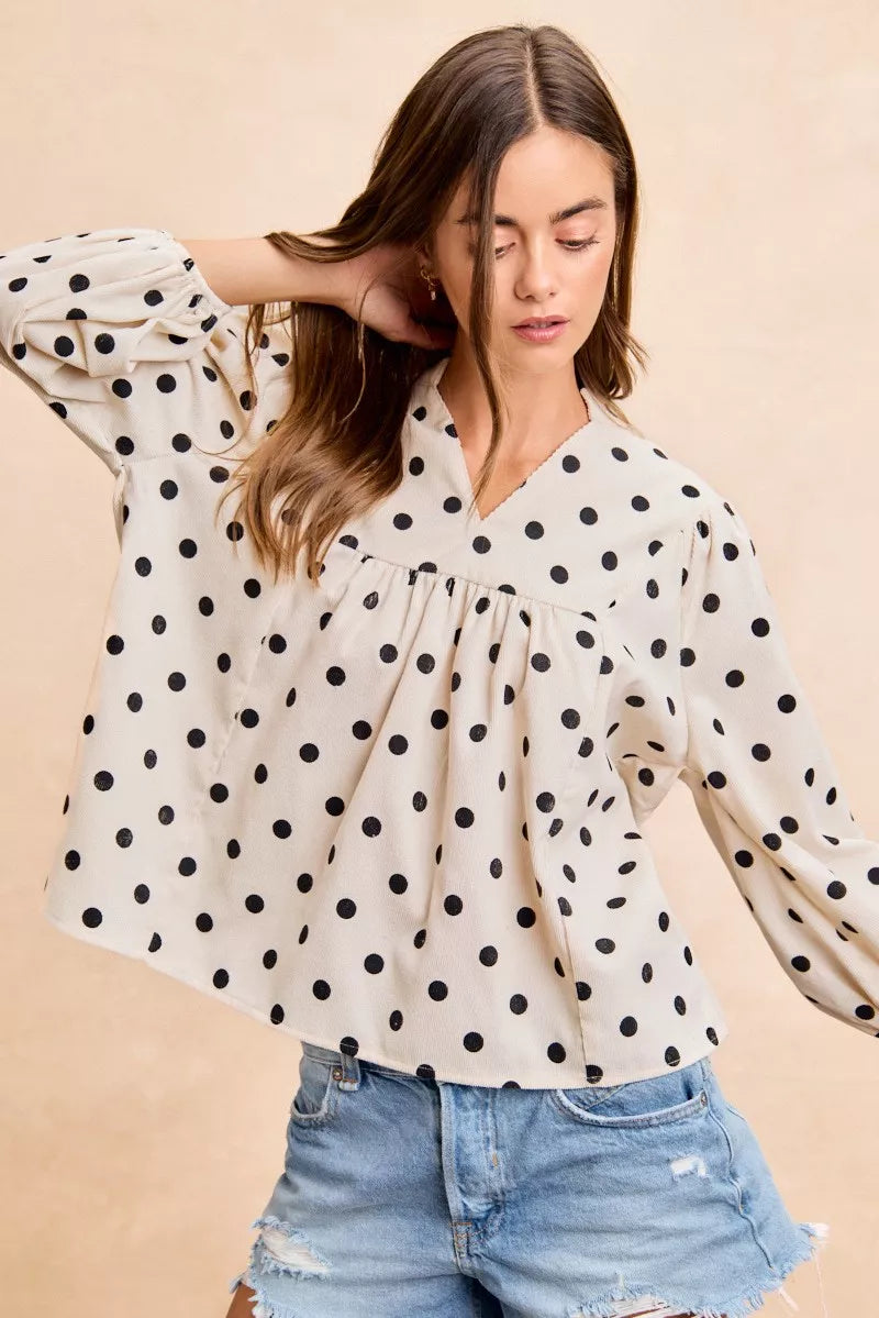 BiBi Polka Dot Corduroy Quarter Sleeves V Neck Blouse