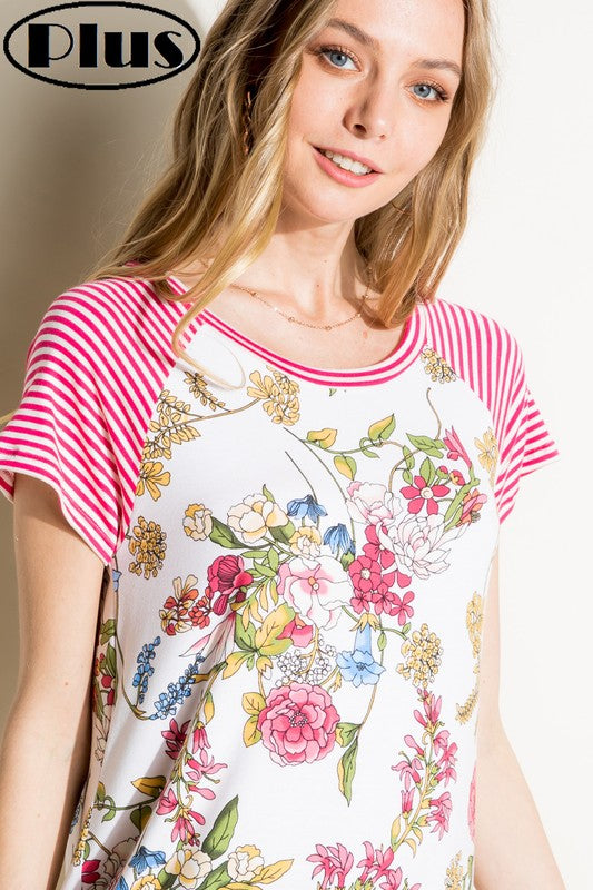 e Luna PLUS Pin Striped Floral Mix Top