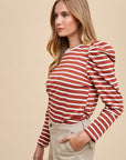 Annie Wear Striped Round Neck Puff Sleeve French Terry Top