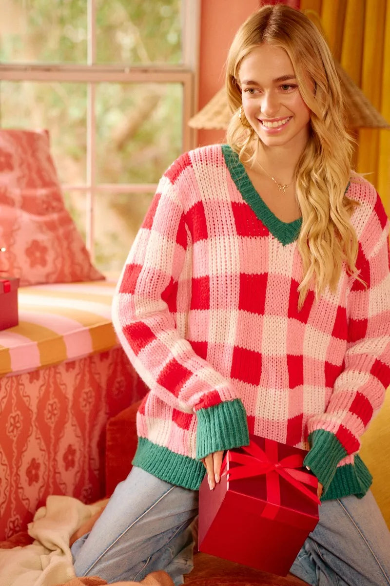 BiBi Christmas Theme Checker Board Sweater