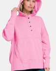 Zenana Half Snap Long Sleeve Hoodie with Kangaroo Pocket