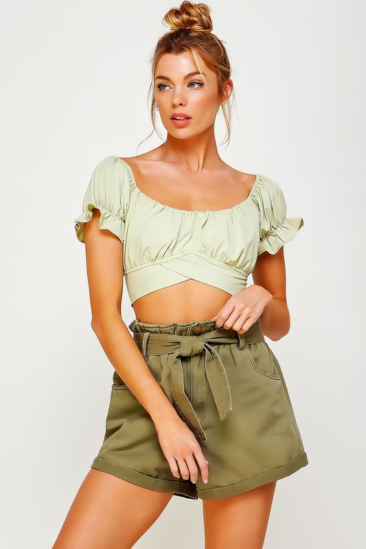 Off  Shoulder Pleated Crop Top with Back Ribbon Tie