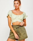 Off  Shoulder Pleated Crop Top with Back Ribbon Tie